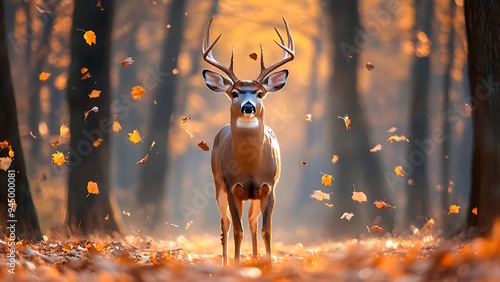 This image shows a deer in a forest with falling leaves.