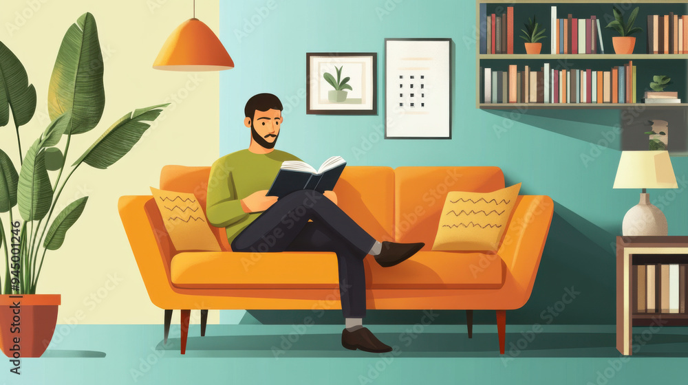 Fototapeta premium Flat vector graphic of a man on a sofa, reading a book, with a simple and modern living room