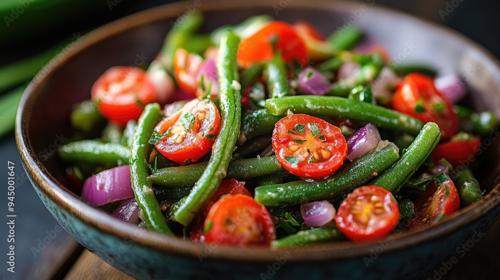 Green bean salad with cherry tomatoes, red onion and parsley in a rustic bowl Green bean salad with cherry tomatoes, red onion and parsley in a rustic bowl