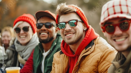 A group of cheerful friends gathered outdoors celebrating game day traditions and rituals with vibrant winter accessories like hats scarves and sunglasses  They are smiling bonding photo