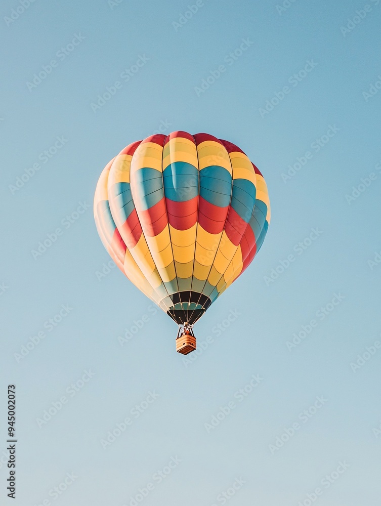 Naklejka premium A vibrant hot air balloon carries an adventurous soul through a serene azure expanse.