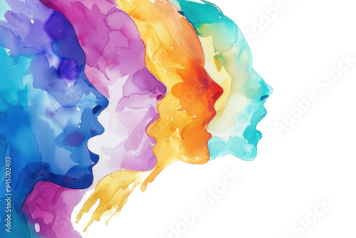 multiple colored face silhouettes in watercolor style isolated