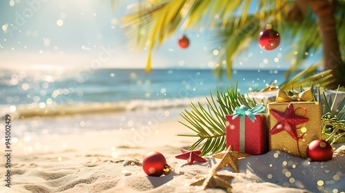 A beachside caribbean holiday copy space includes sand palm plants and vibrant gift boxes photo