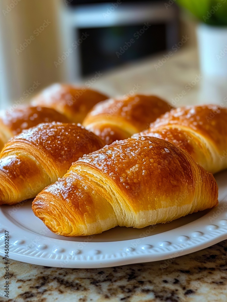 A white plate topped with croissants sitting on top of a counter A white plate topped with croissants sitting on top of a counter
