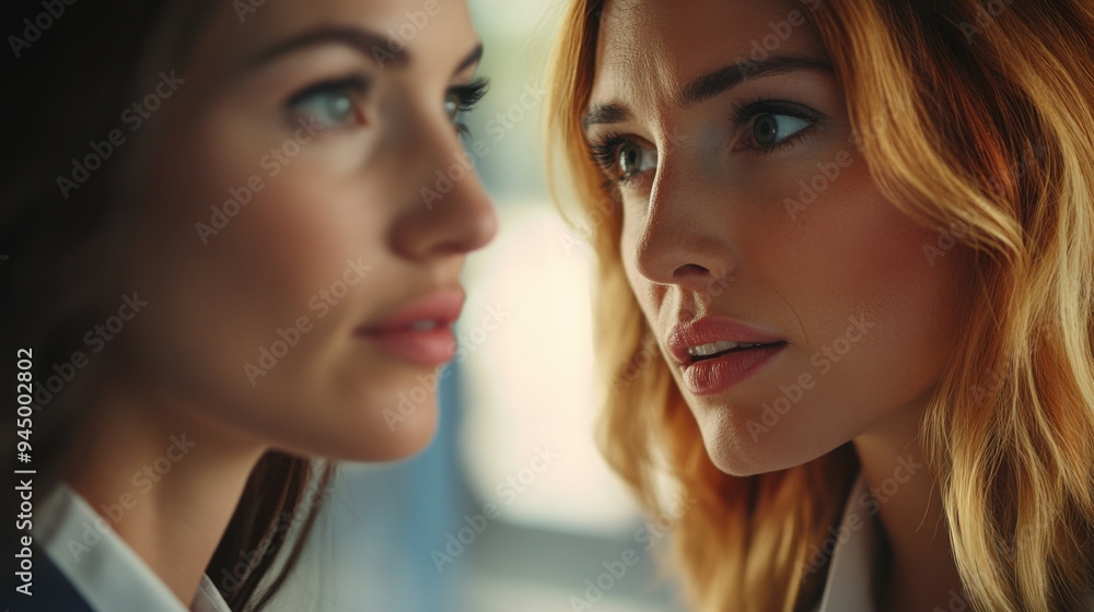 Focused close-up of two women in a corporate environment, deeply engaged Focused close-up of two women in a corporate environment, deeply engaged