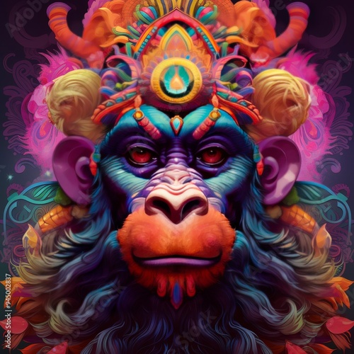 A vibrant, artistic depiction of a monkey with ornate decorations and colorful patterns.