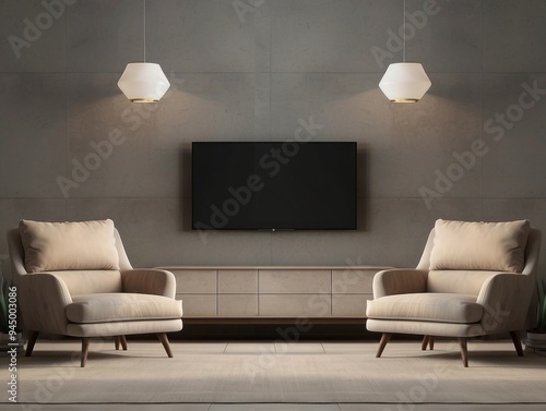 Modern Living Room with Two Armchairs and a Flat Screen TV photo