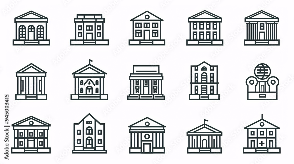 A collection of line icons representing various buildings and institutions in a city, including houses, offices, banks, schools, hotels, shops, universities, real estate, and hospitals. A collection of line icons representing various buildings and institutions in a city, including houses, offices, banks, schools, hotels, shops, universities, real estate, and hospitals.