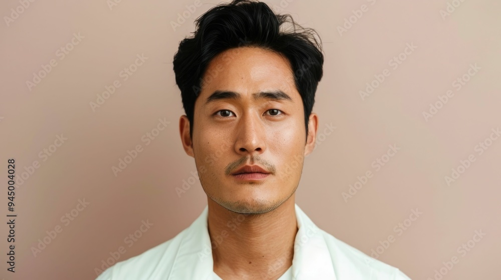 Fototapeta premium Close up portrait of a focused Korean man applying facial serum with a concentrated expression showcasing a shallow depth of field for a professional beauty focused aesthetic