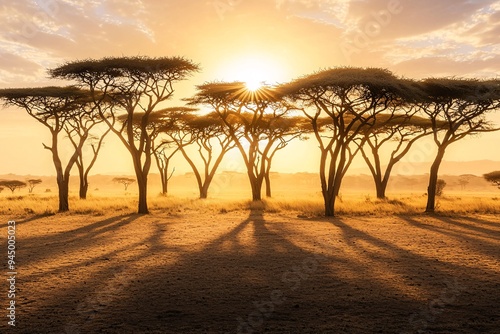 Majestic trees silhouette against a stunning sunset, their shadows stretching across the serene, sun-drenched landscape.