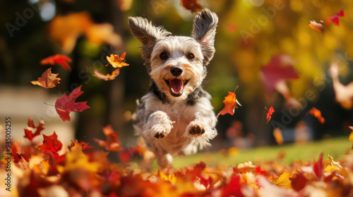 Funny dog mid-jump out of a pile of colorful leaves, with red and yellow foliage creating