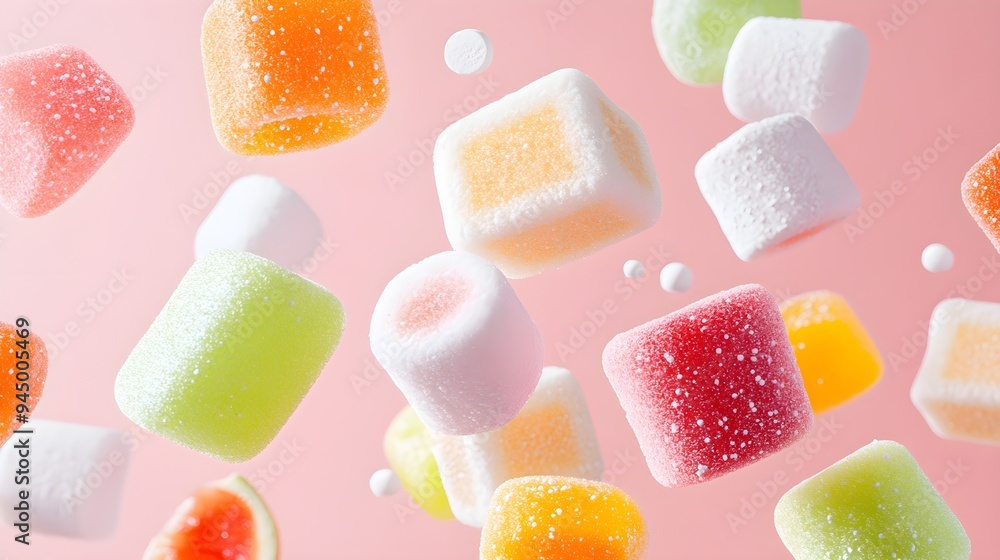 Layered composition of colorful marshmallows and fruity candies in a playful double exposure, exuding fun and sweetness Layered composition of colorful marshmallows and fruity candies in a playful double exposure, exuding fun and sweetness
