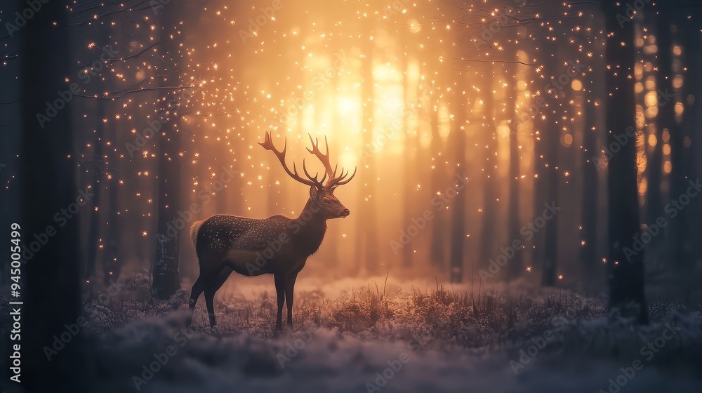 Majestic Deer in a Magical Winter Forest with Glowing Lights Majestic Deer in a Magical Winter Forest with Glowing Lights
