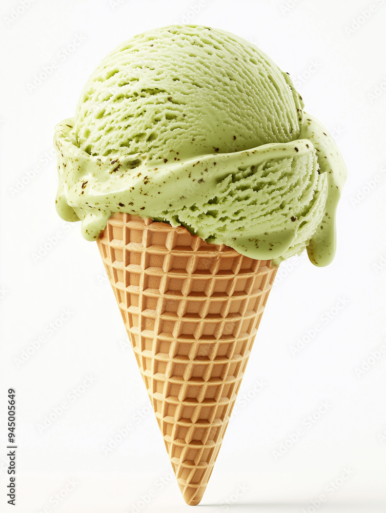 A single scoop of matcha green tea ice cream in a sugar cone, isolated on a white background A single scoop of matcha green tea ice cream in a sugar cone, isolated on a white background