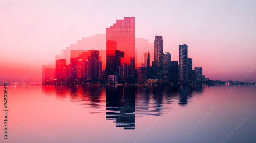 Fototapeta premium Fusion of classic 8-bit video game elements and neon-lit cityscapes, presented in a double exposure style, blending past and present