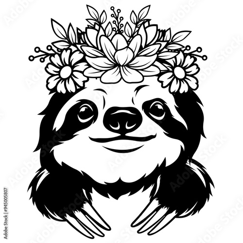 Sloth | Peeking Sloth | Peeking Animal | Wildlife | Floral Sloth | Sloth with Flower on Head | Wild Animal | Xenarthran Mammal | Original Illustration | Vector and Clipart | Cutfile and Stencil