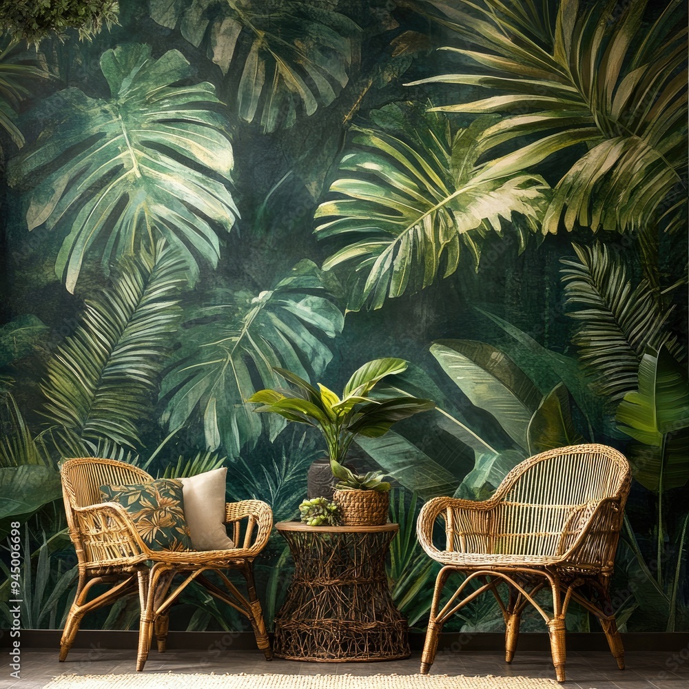 Fototapeta premium Cozy Tropical Setting with Bold Palm Leaf Decor