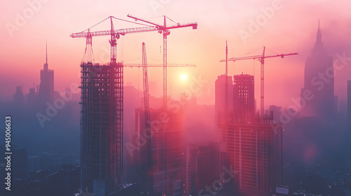 Construction cranes working on a high-rise building in a city skyline.