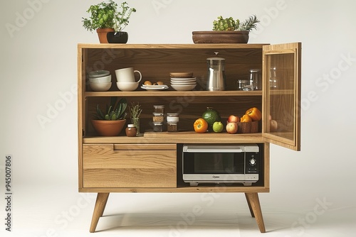 Cactus Bookcase in Solid Oak Wood with Open Shelves for Kitchen Storage and Closed Bottom Section for Microwave
