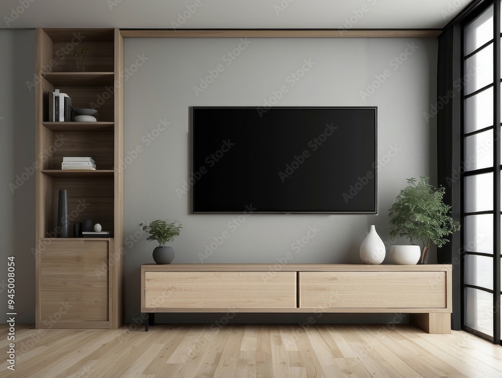 Modern living room with a flat screen TV, wooden shelves, and a wooden media console Modern living room with a flat screen TV, wooden shelves, and a wooden media console