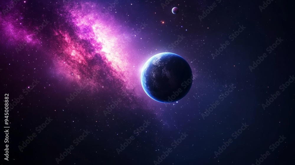 Ethereal galaxy double exposure, stars swirling around planets in shades of purple and blue Ethereal galaxy double exposure, stars swirling around planets in shades of purple and blue