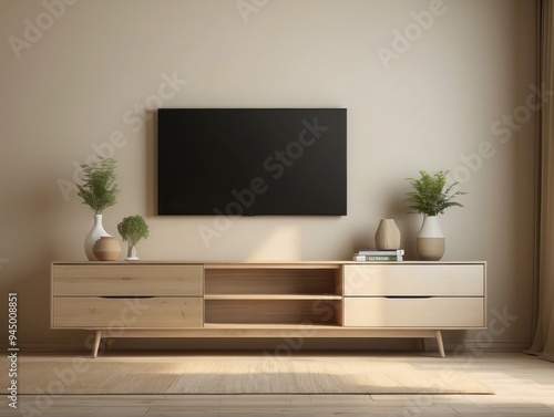 Wooden TV Stand with Vases and Plants in a Minimalist Living Room photo