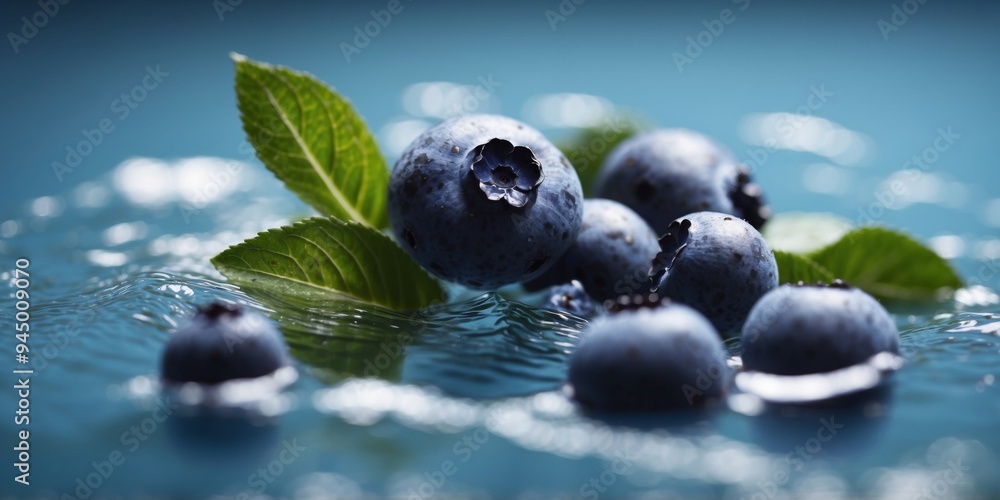 Fresh blueberry with water splash and green leaves on blue background. Fresh blueberry with water splash and green leaves on blue background.