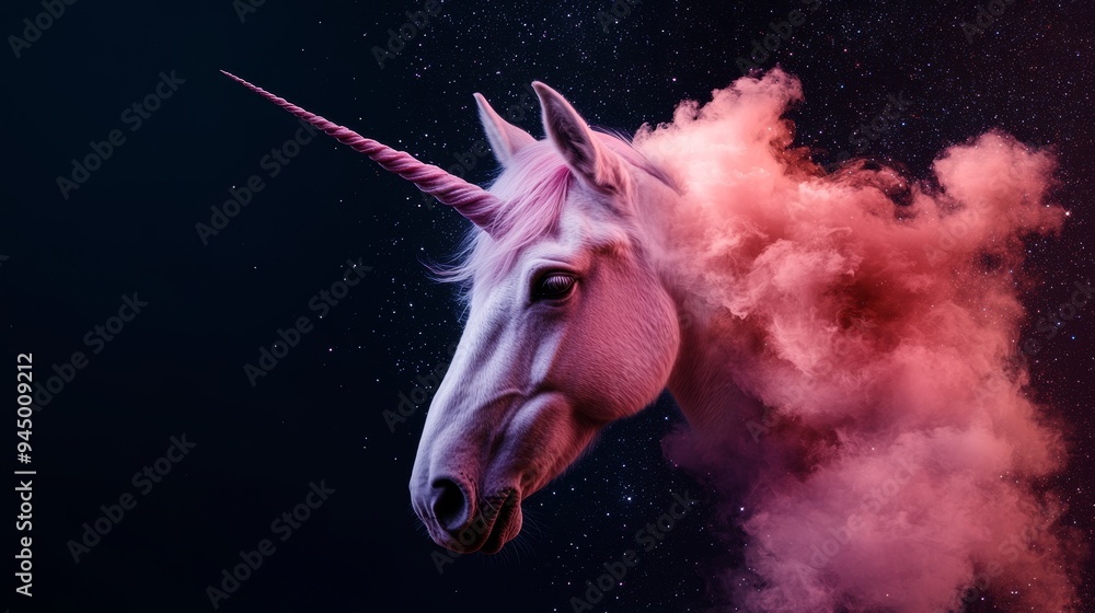 Enchanting unicorn in a double exposure style, its rainbow mane blending with a starry cosmic backdrop, creating a magical scene