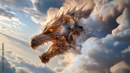Mechanical dragon flying over a steampunk city, double exposure with gears and clockwork elements, vibrant and intricate details, dynamic composition