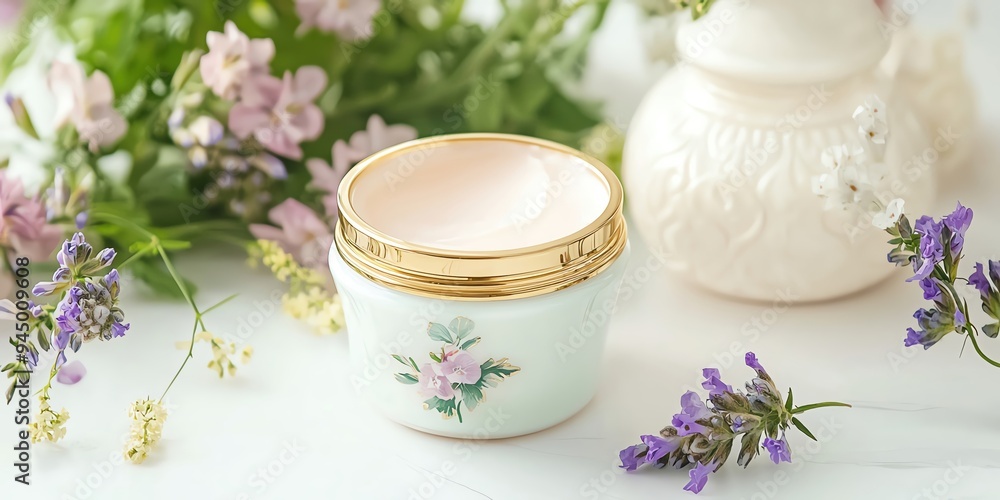 Closeup of a floral patterned porcelain jar with a gold lid, surrounded by lavender and other flowers. Closeup of a floral patterned porcelain jar with a gold lid, surrounded by lavender and other flowers.