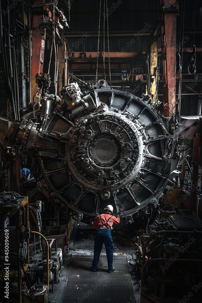 A technician examines the engine of a massive crane in a well-lit repair workshop. The scene shows detailed