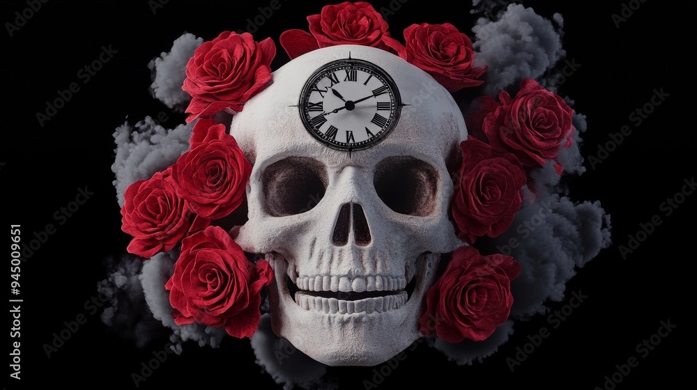 Gothic skull with roses, intricately detailed, double exposure effect with vintage clockwork, dark and atmospheric Gothic skull with roses, intricately detailed, double exposure effect with vintage clockwork, dark and atmospheric