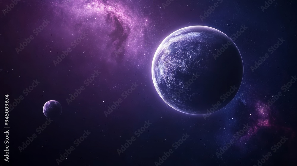 Fototapeta premium Mystical double exposure, galaxy backdrop with swirling stars and planets in vibrant purples and blues