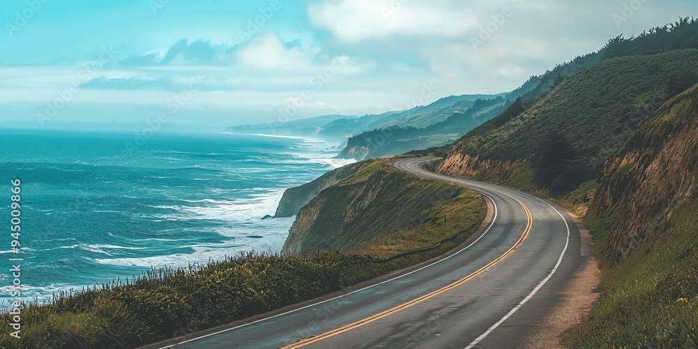 Scenic coastal road winding through lush green hills with ocean views. Scenic coastal road winding through lush green hills with ocean views.