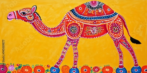 Elegant Madhubani-Style Camel Illustration: Traditional Indian Folk Art on Textured Background. Vibrant Cultural Design for Marketing, Ethnic Decor, and Artistic Projects Celebrating Diversity and Fre photo