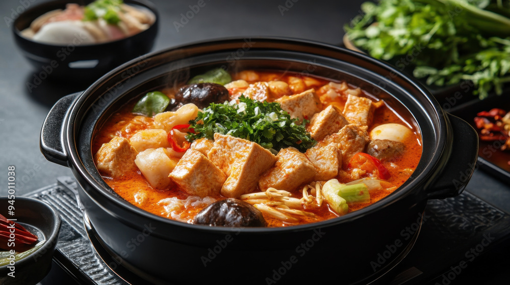 High-end commercial food shot featuring a spicy hotpot in a dark porcelain bowl, High-end commercial food shot featuring a spicy hotpot in a dark porcelain bowl,