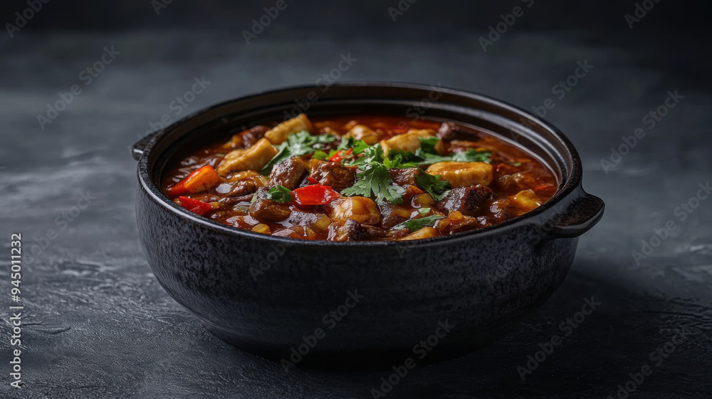 High-end commercial food shot featuring a spicy hotpot in a dark porcelain bowl, High-end commercial food shot featuring a spicy hotpot in a dark porcelain bowl,