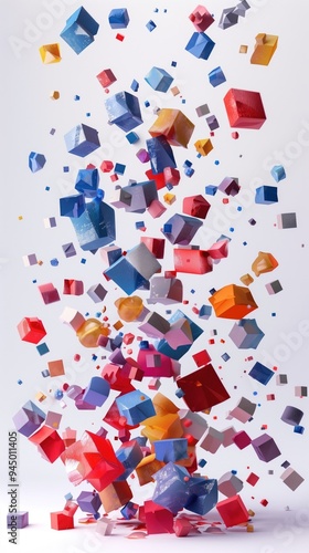 Falling Abstract Shapes Wallpaper, 3D Geometric Objects in Motion Background, Colorful Squares Triangles on a White Background