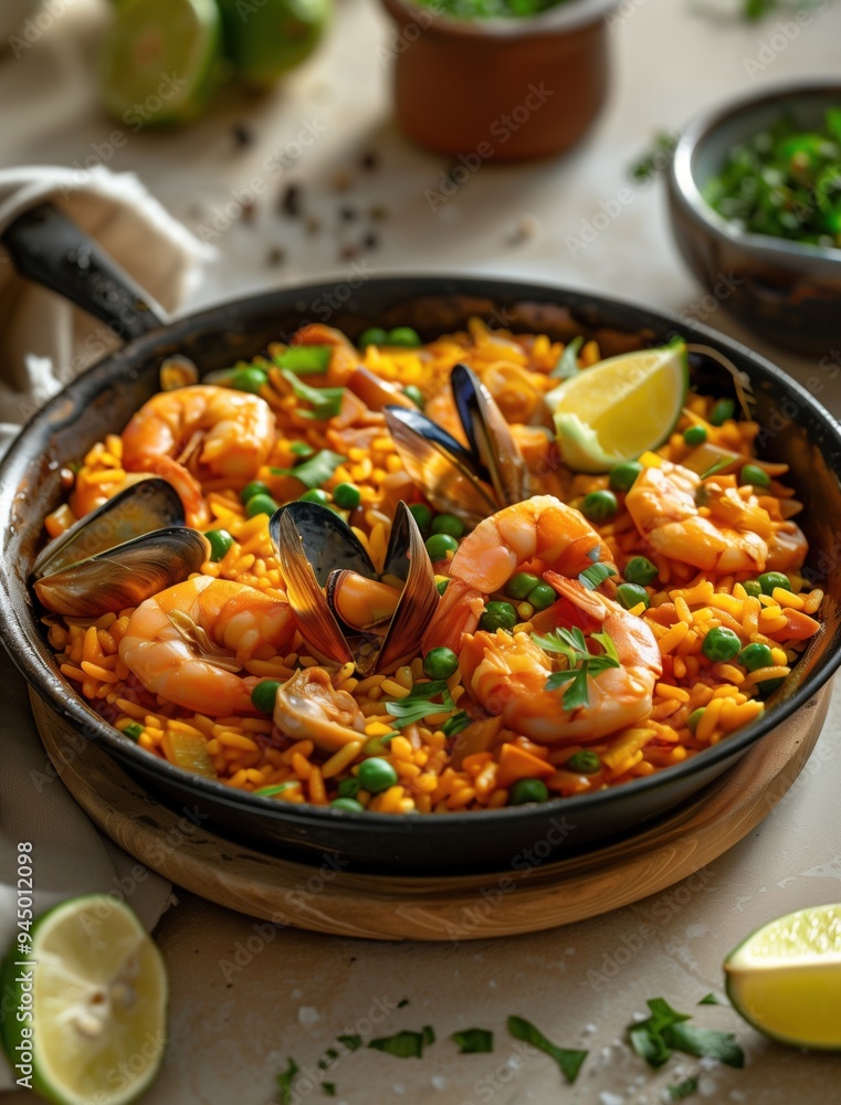 Close up food photography of traditional Spanish seafood Paella in cast iron pan Close up food photography of traditional Spanish seafood Paella in cast iron pan