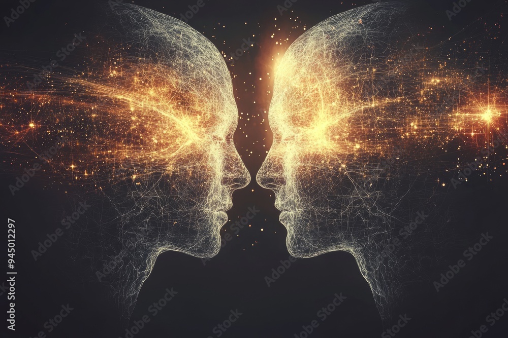 A serene scene of a couple with glowing neural connections representing the peaceful harmony of intellect and emotion in a loving relationship A serene scene of a couple with glowing neural connections representing the peaceful harmony of intellect and emotion in a loving relationship