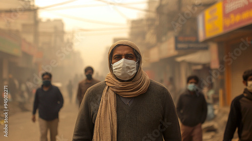 An indian man walking on the street wearing mask. photo