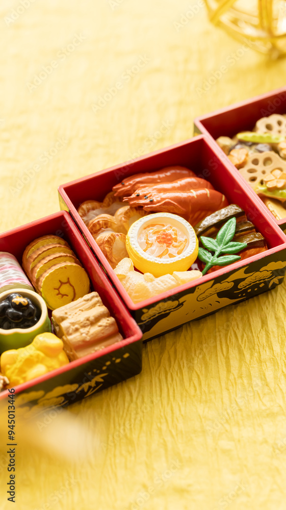お節料理 日本のお正月 黄色背景 ミニチュア お節料理 日本のお正月 黄色背景 ミニチュア