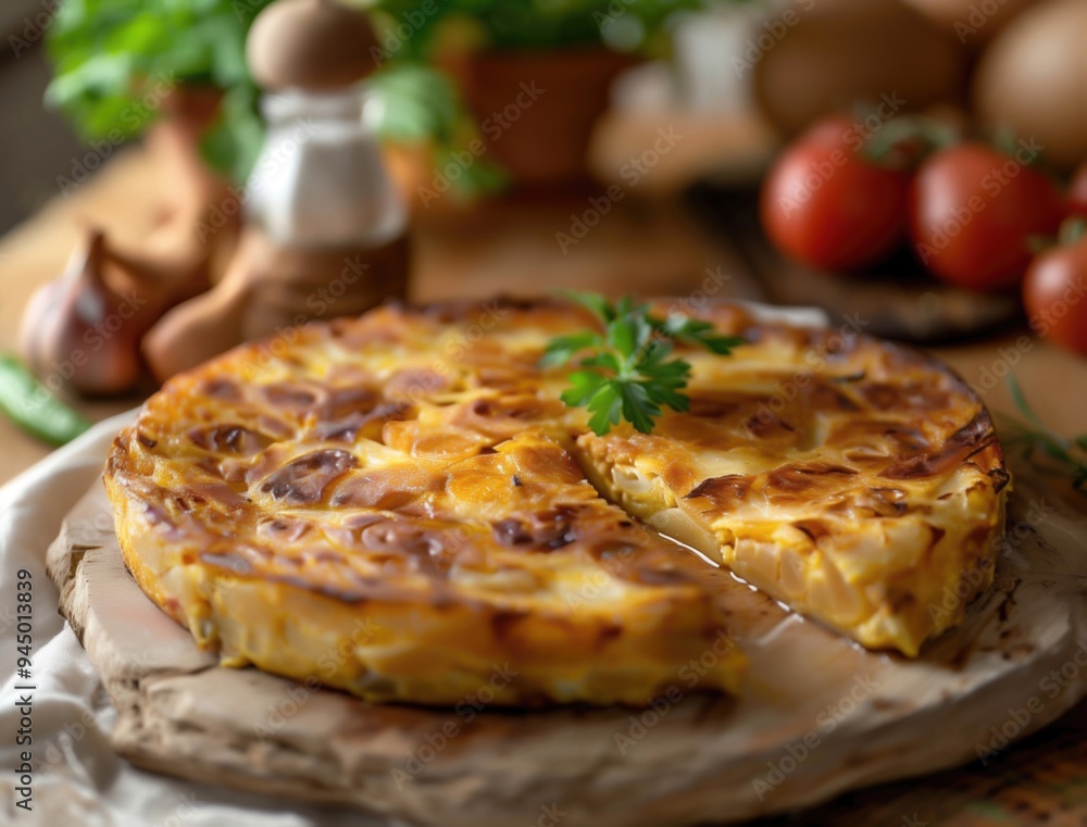 Close up of Spanish Tortilla Espanola garnished with fresh herbs in a pan Close up of Spanish Tortilla Espanola garnished with fresh herbs in a pan