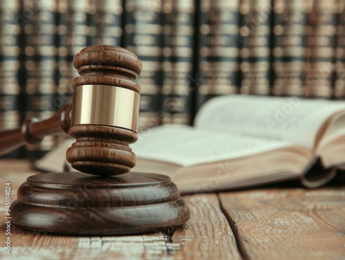 Gavel and Legal Books in a Courtroom Setting photo