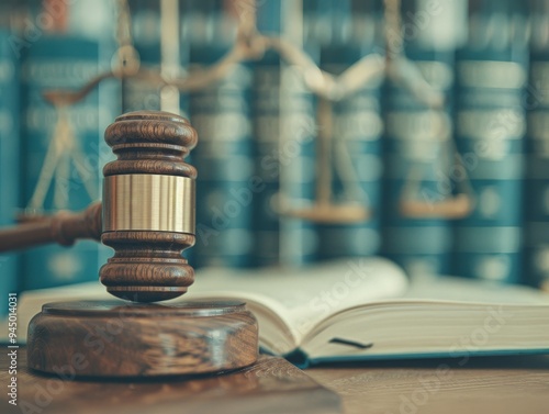 Gavel and Legal Books in a Courtroom Setting photo