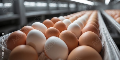 Fresh eggs on a modern packaging line in a food factory. photo