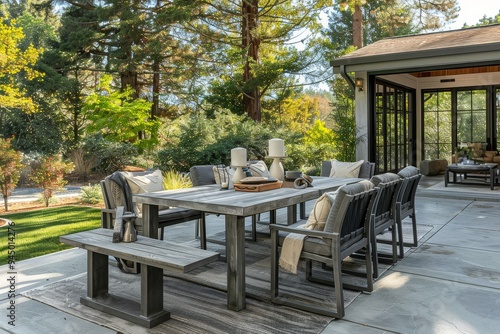 Grey Wood Outdoor Dining Table Set with Chairs and Bench, Surrounded by Trees and Grass, Modern Patio Design