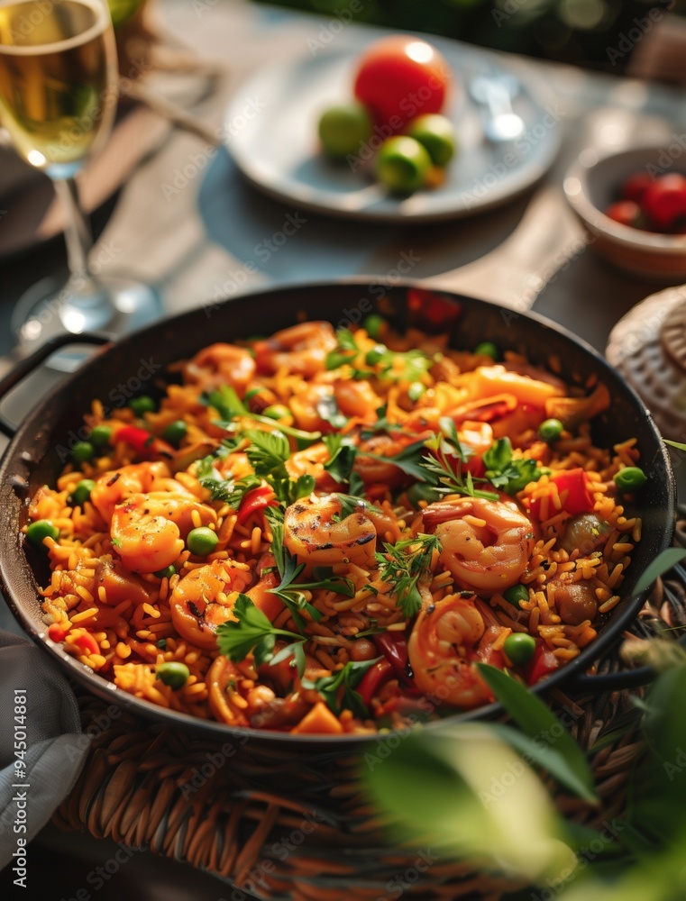Vibrant and colorful close up of Paella, a traditional Spanish seafood and rice dish Vibrant and colorful close up of Paella, a traditional Spanish seafood and rice dish