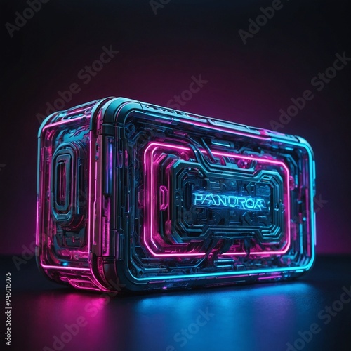 Abstract neon light Cyborg Pandora Box Music Box, glowing space background 