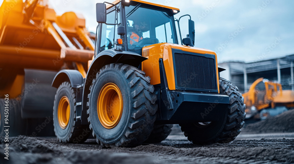 Close-up of a heavy-duty construction tractor on a dirt site, showcasing industrial machinery used for large-scale construction work. Close-up of a heavy-duty construction tractor on a dirt site, showcasing industrial machinery used for large-scale construction work.